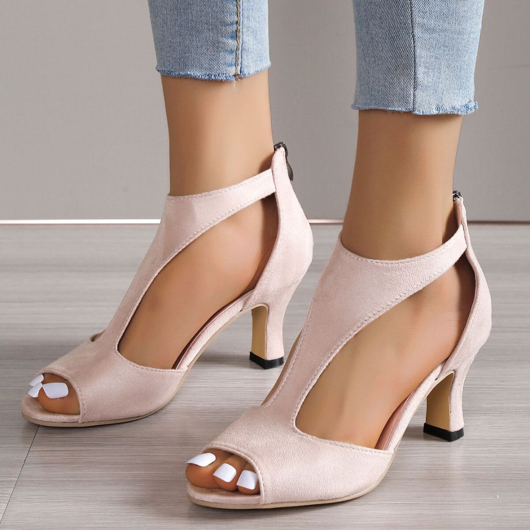 Damen Sandaletten, rosa, Wildleder, High Heels, offener Zeh, elegantes Design, Sommermode.