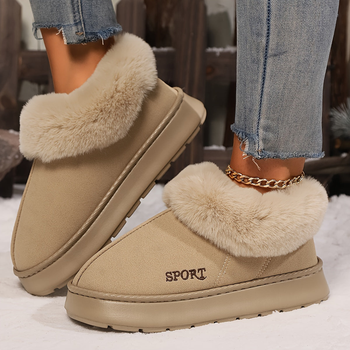 Damen-Winterhausschuhe beige, Kunstfell, rutschfest, warm, bequem, modisch, Sport-Stil.