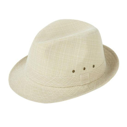 Beiger Fedora-Hut aus Stroh, klassisches Design, ideal für Sommermode und Sonnenschutz.