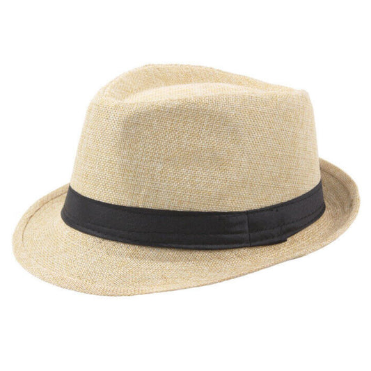 Beiger Fedora-Hut aus Stroh mit schwarzem Band, stilvoller Sommerhut für Herren und Damen.