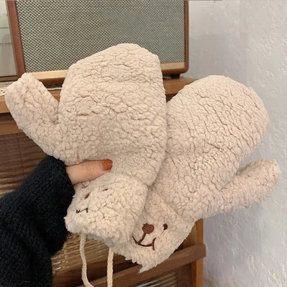Beige Fäustlinge aus Plüsch mit Bärenmotiv, warm, winterlich, kuschelig, Damenmode.
