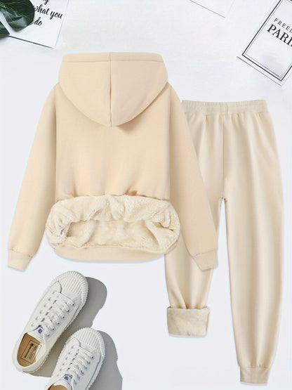 Beiges Damen-Sweatshirt und Jogginghose Set mit Kapuze, Fleece-Futter, lässig, bequem.