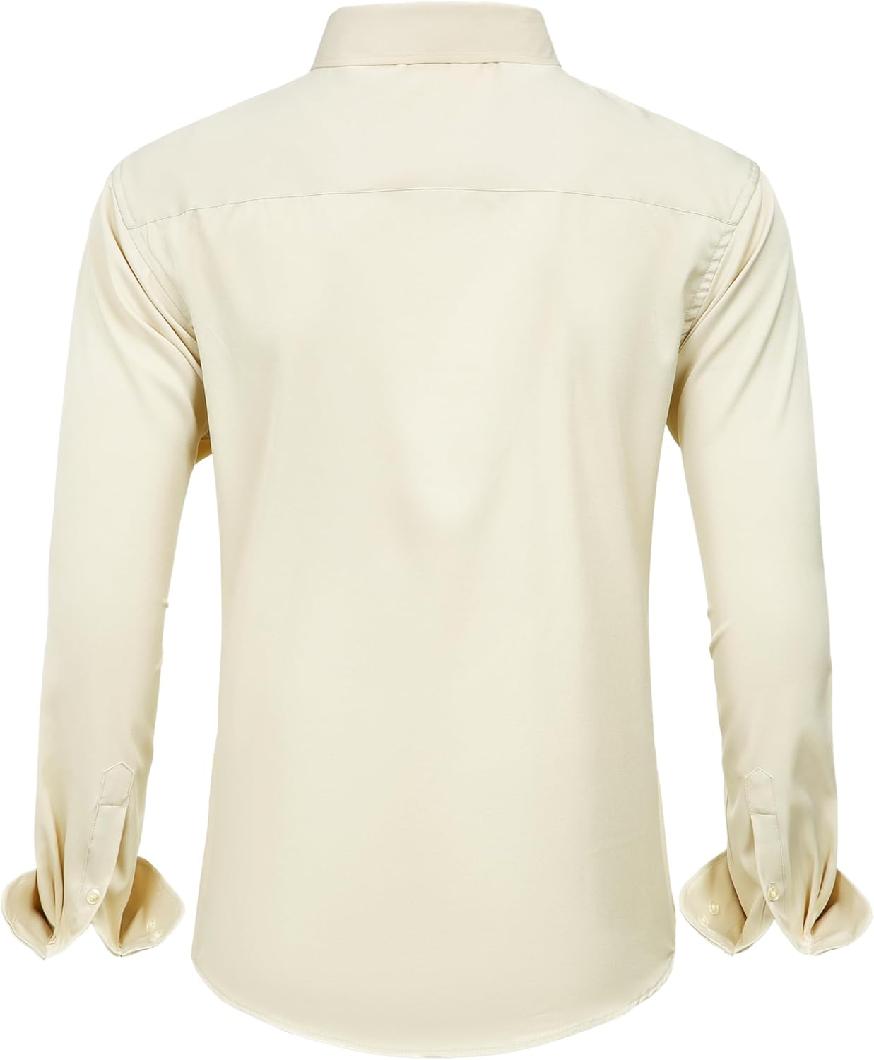 Beige Herrenhemd aus Baumwolle, langärmelig, klassischer Kragen, Rückansicht.