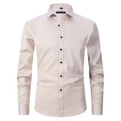 Beige Herrenhemd, knitterfrei, langärmelig, elegantes Design, ideal für Büro und Freizeit.