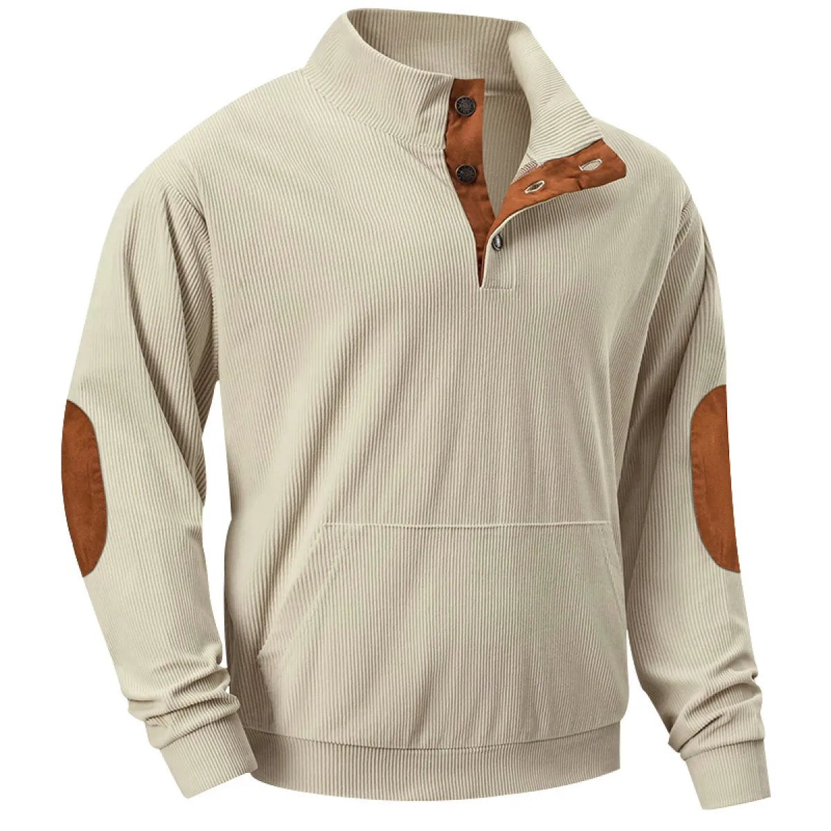Beige Herrenpullover mit Knopfleiste und braunen Ellbogen-Patches, aus Baumwolle.