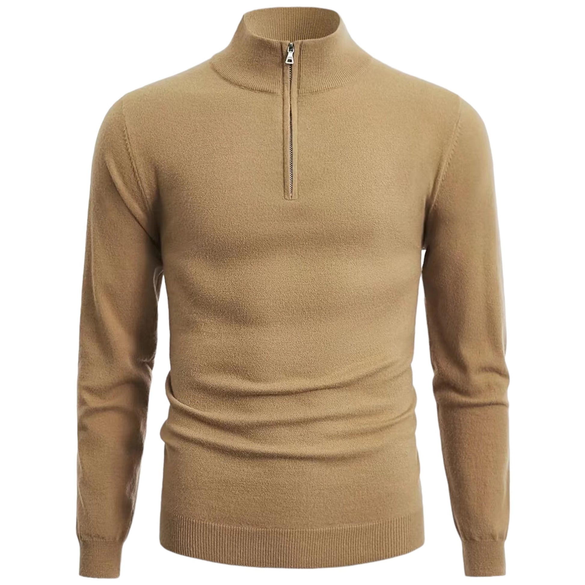 Beiger Herrenpullover mit Reißverschluss, Langarm, Strick, modisch, warm, Wintermode.