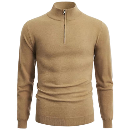 Beiger Herrenpullover mit Reißverschluss, Langarm, Strick, modisch, warm, Wintermode.