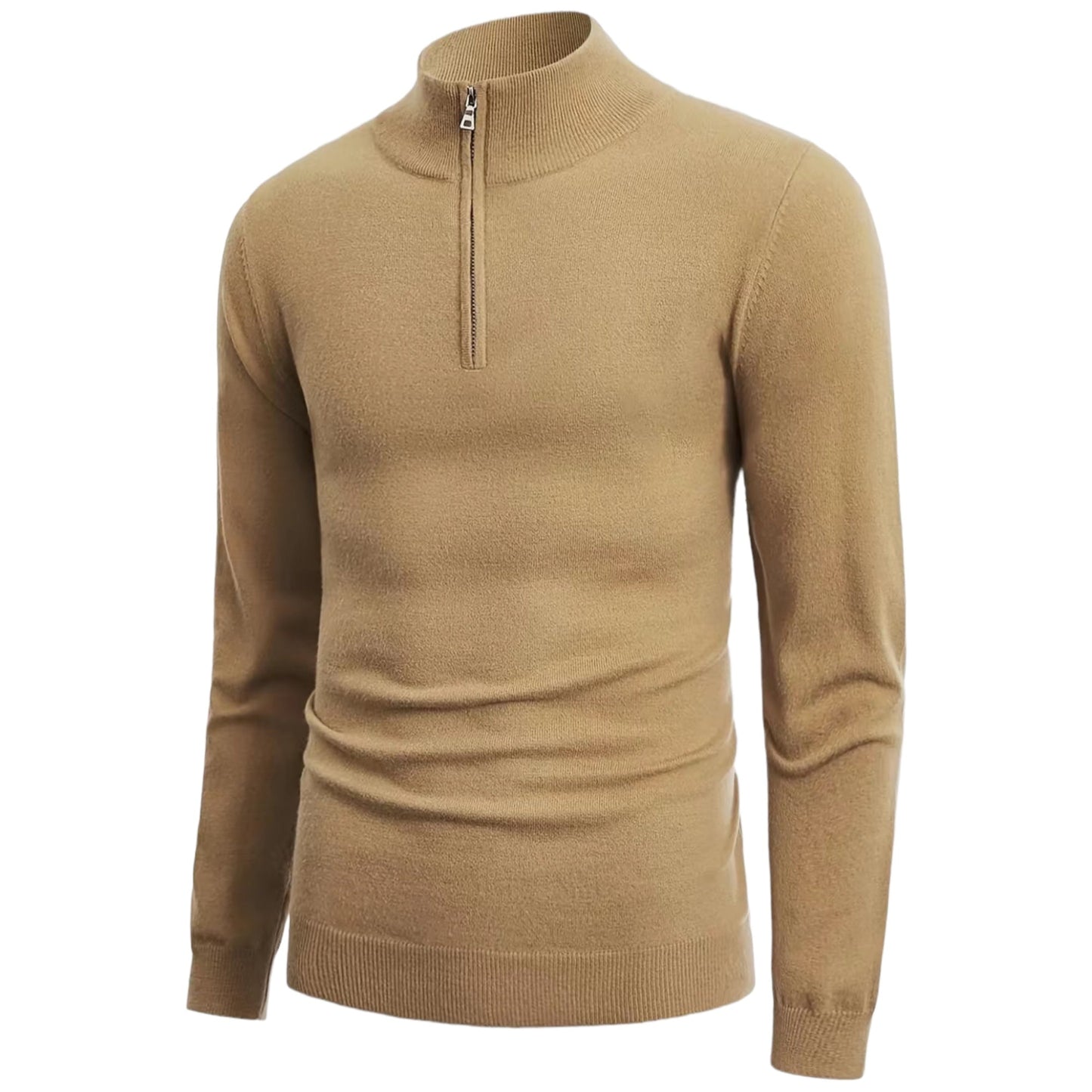 Beiger Herrenpullover mit Reißverschluss, Langarm, Strick, modisch, warm, Wintermode.