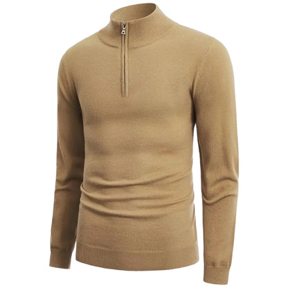 Beiger Herrenpullover mit Reißverschluss, Langarm, Strick, modisch, warm, Wintermode.
