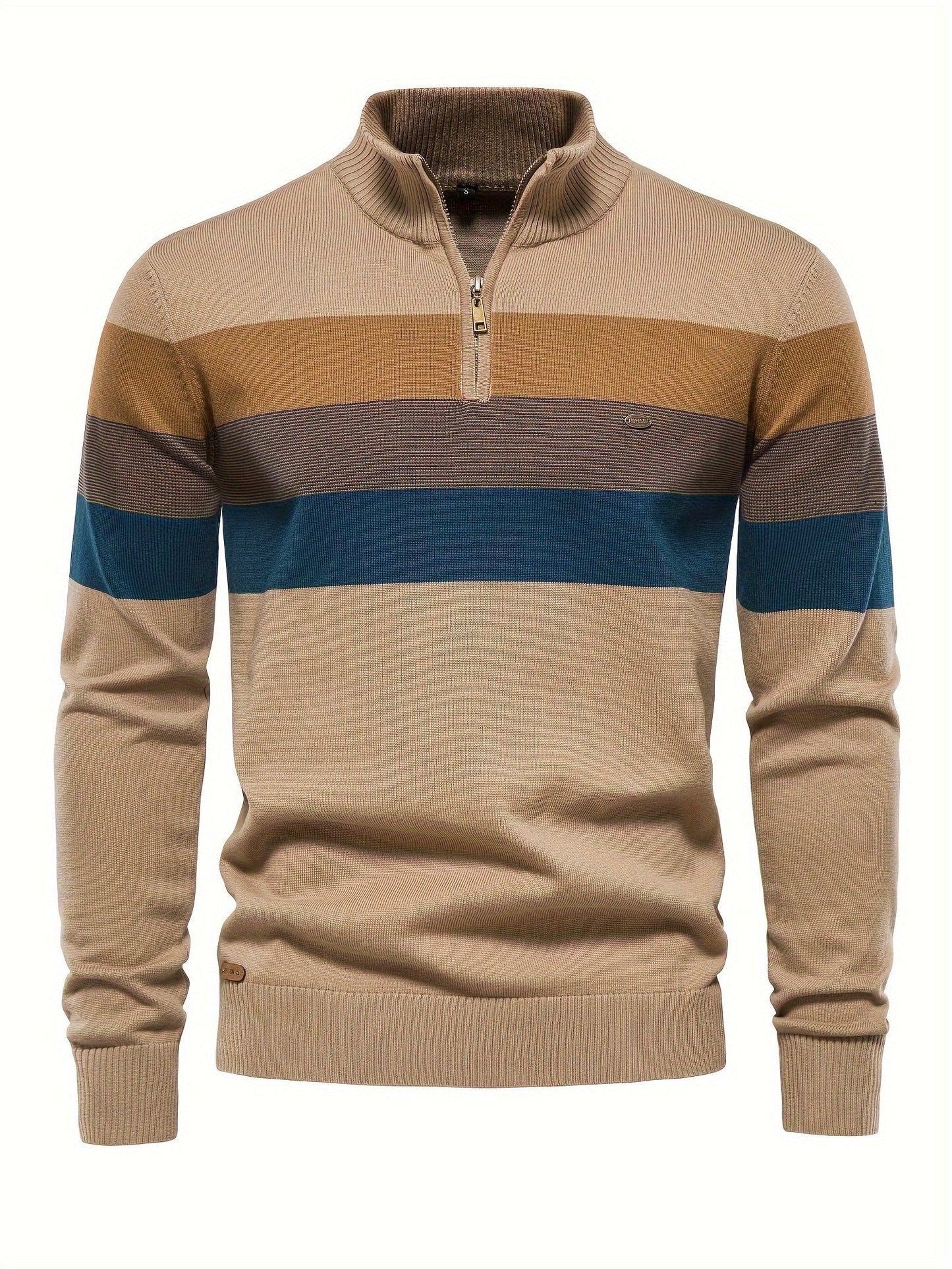 Beiger Herrenpullover mit Reißverschluss, gestreift, Baumwolle, modisch, Herbstmode.