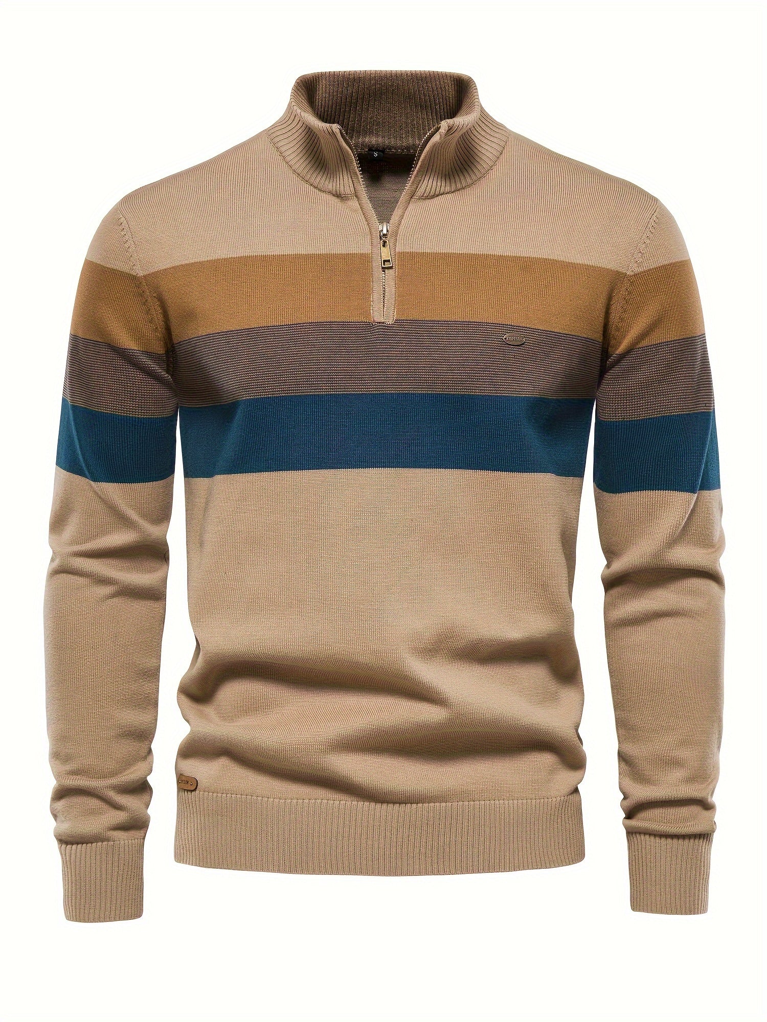 Beiger Herrenpullover mit Reißverschluss, gestreift, Baumwolle, modisch, Herbstmode.