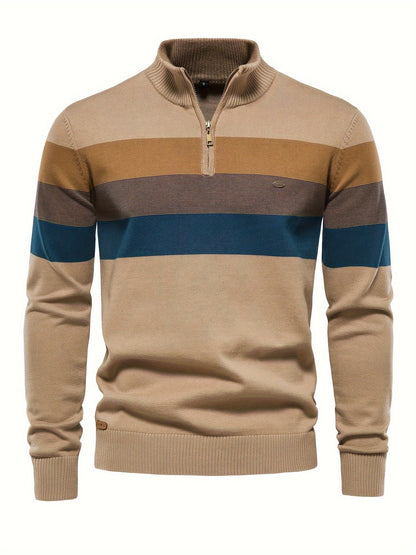 Beiger Herrenpullover mit Reißverschluss, gestreift, Baumwolle, modisch, Herbstmode.