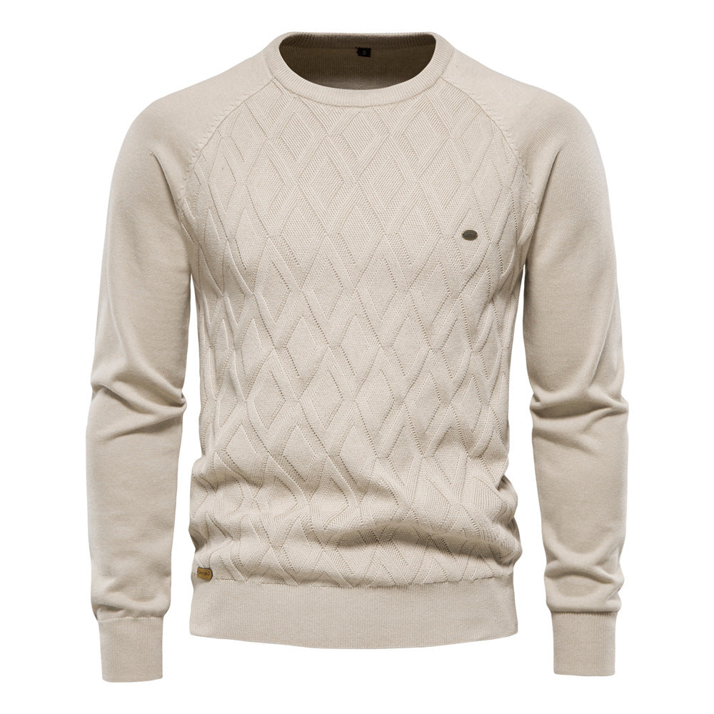 Beige Herrenpullover aus Baumwolle, Zopfmuster, lange Ärmel, Herbstmode, Winterkleidung.