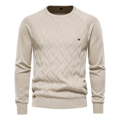Beige Herrenpullover aus Baumwolle, Zopfmuster, lange Ärmel, Herbstmode, Winterkleidung.