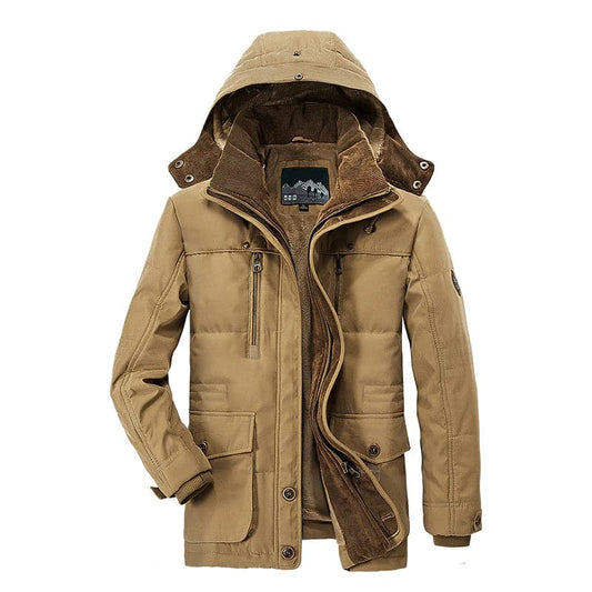 Beige Herren-Winterjacke mit Kapuze, Reißverschlüssen und Taschen, warm und stilvoll.