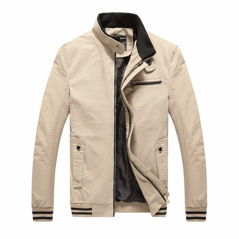 Beige Herrenjacke mit Reißverschluss, Stehkragen, Baumwolle, modisch, Freizeitjacke.