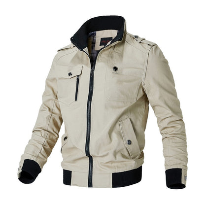 Beige Herrenjacke, Reißverschluss, Baumwolle, modisch, Freizeit, Herbst, lange Ärmel, Taschen.