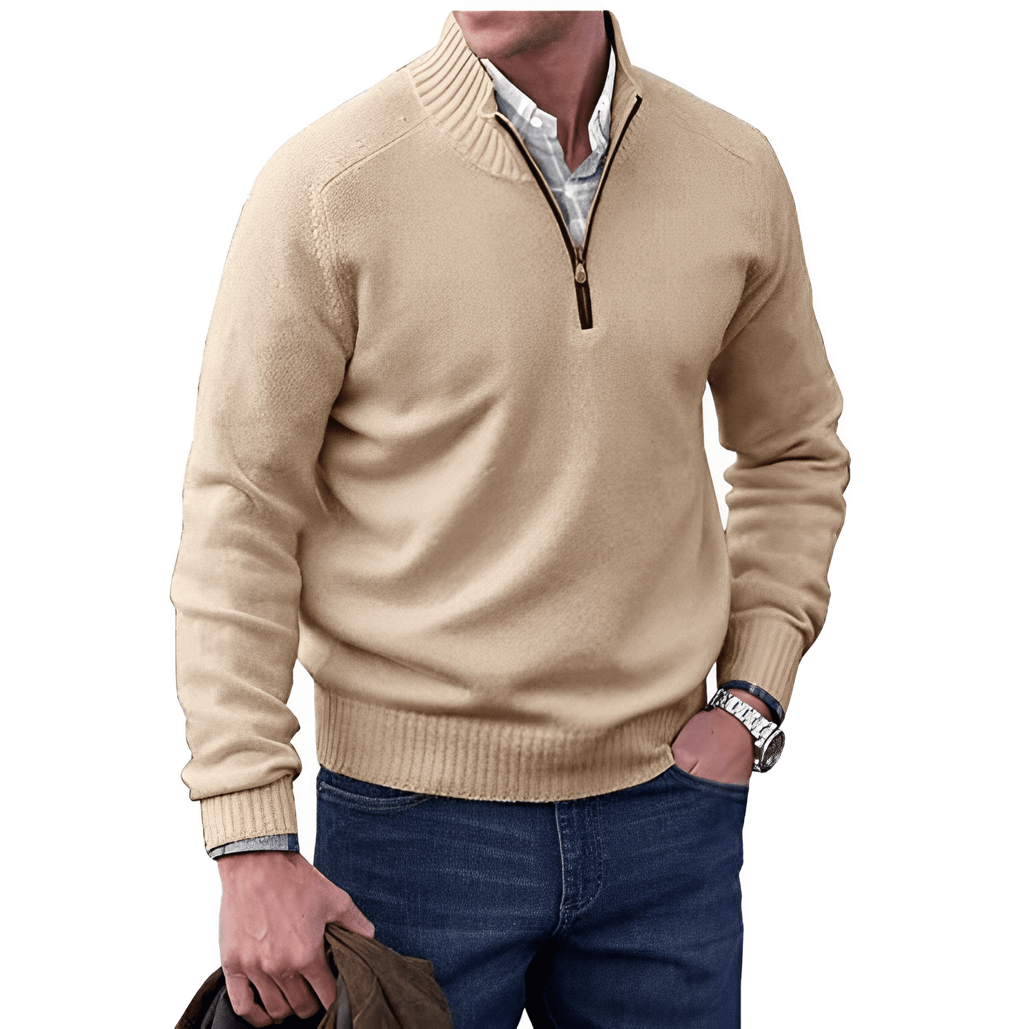 Beiger Herrenpullover mit Reißverschluss, Baumwolle, modisch, lässig, Herbstmode, Herrenbekleidung.