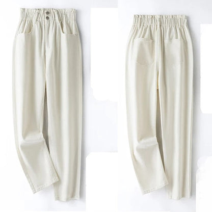 Beige Damenhose, elastischer Bund, Baumwolle, lässig, bequem, modisch, Alltagskleidung.