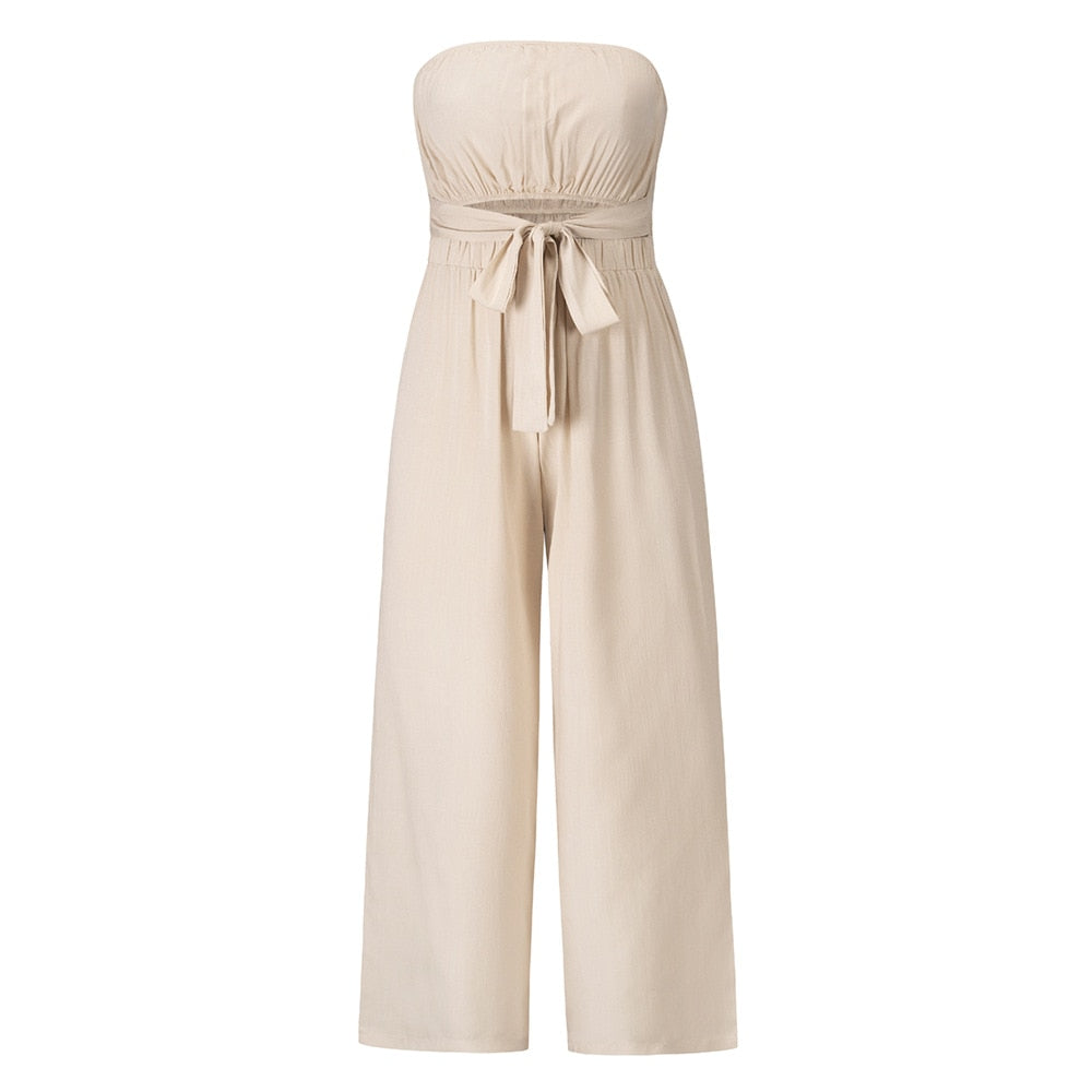 Beiger trägerloser Jumpsuit aus Baumwolle, elegantes Design, ideal für Sommermode.