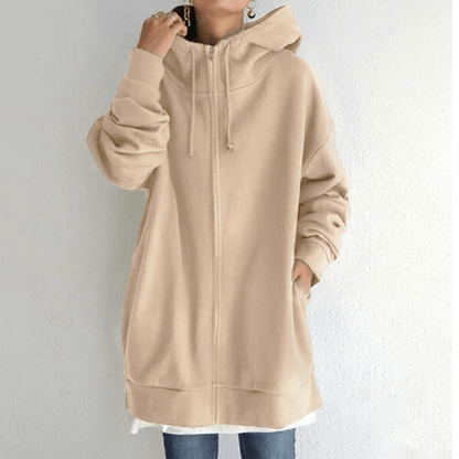 Beiger Kapuzenpullover Damen, lang, Reißverschluss, lässig, Baumwolle, modisch, bequem.