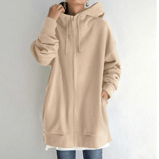 Beiger Kapuzenpullover Damen, lang, Reißverschluss, lässig, Baumwolle, modisch, bequem.