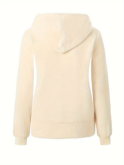 Beiger Damen-Hoodie aus Baumwolle, Kapuze, langärmlig, lässiger Stil, Rückansicht.