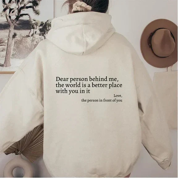 Beiger Hoodie mit Rückenaufdruck, gemütlich, modisch, Baumwolle, Damenbekleidung, Herbstmode.