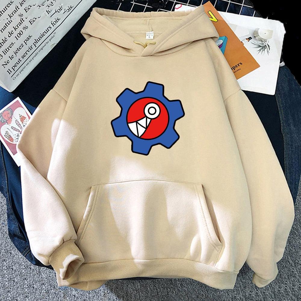 Beiger Kapuzenpullover mit buntem Zahnrad-Design, Baumwolle, Unisex, lässige Mode.