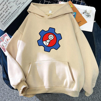 Beiger Kapuzenpullover mit buntem Zahnrad-Design, Baumwolle, Unisex, lässige Mode.