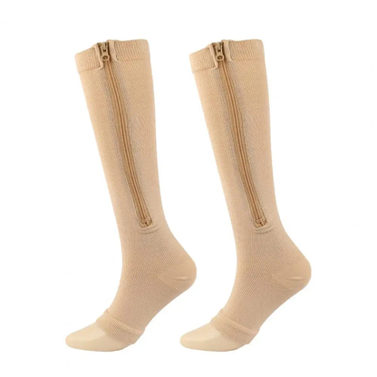Beige Kompressionsstrümpfe mit Reißverschluss, knielang, medizinisch, Unisex, Baumwolle.