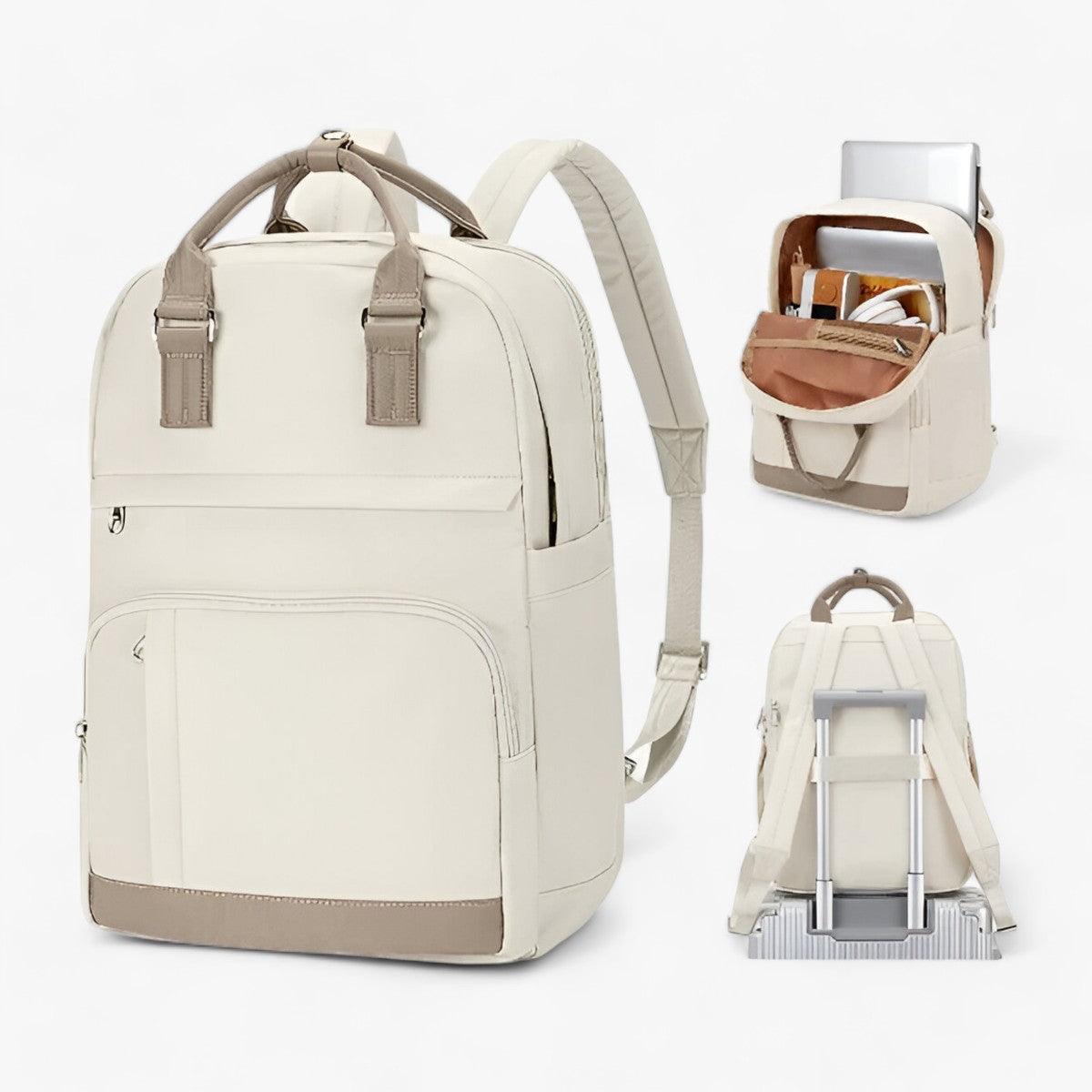 Beiger Laptop-Rucksack aus Leder, multifunktional, mit USB-Anschluss, ideal für Reisen und Arbeit.