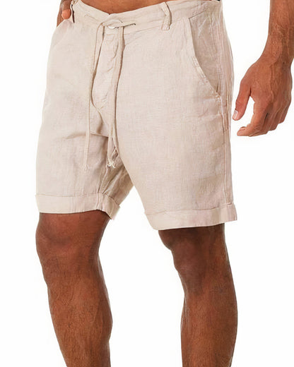 Beige Leinen-Shorts für Herren mit Kordelzug, lässig, bequem, Sommermode.