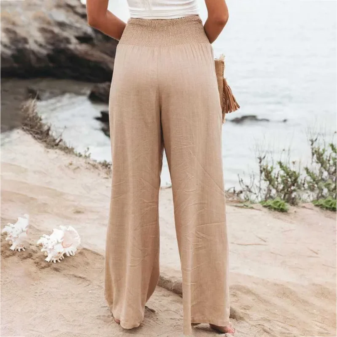 Damen Leinenhose beige, Strand, Sommermode, weites Bein, lässig, bequem, stilvoll