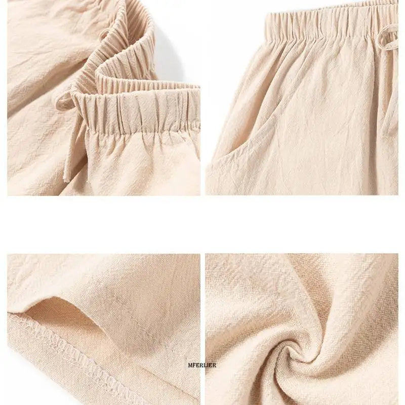 Beige Leinenhose Damen, elastischer Bund, Taschen, Detailansicht, Sommermode, bequem.