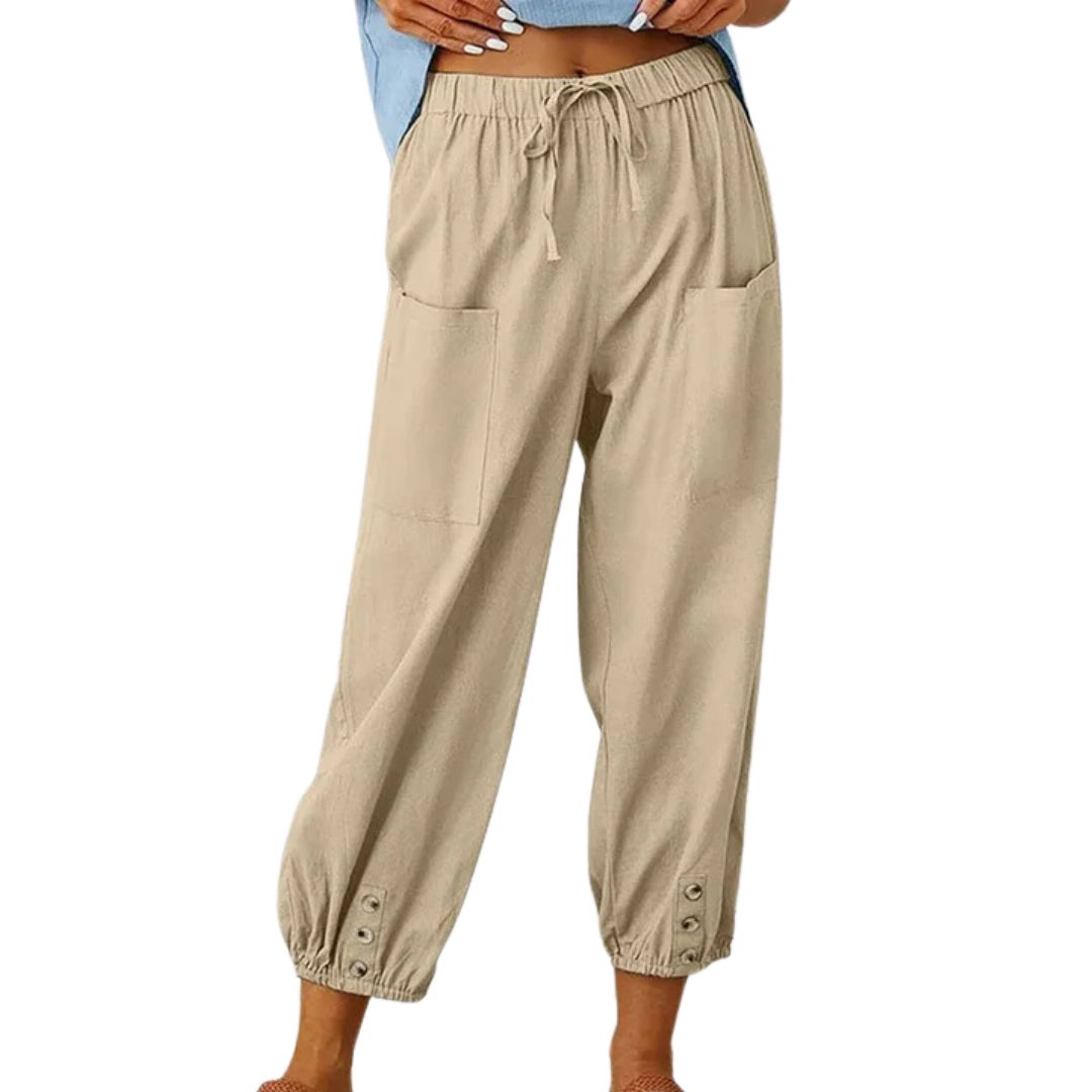 Beige Damen Leinenhose mit Taschen, elastischem Bund und Knöpfen, lässige Sommermode.