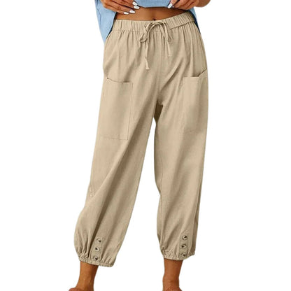 Beige Damen Leinenhose mit Taschen, elastischem Bund und Knöpfen, lässige Sommermode.