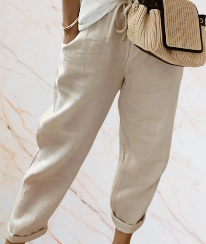 Beige Leinenhose Damen, lässig, Sommermode, mit Tasche, bequem, stilvoll, Freizeitlook