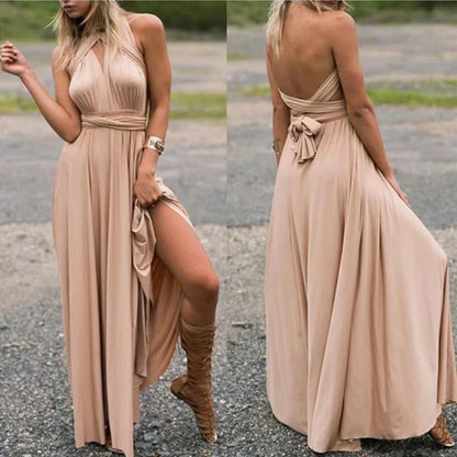 Frau in langem, ärmellosem, beigem Abendkleid mit Schleife, elegantes Design, Sommermode.