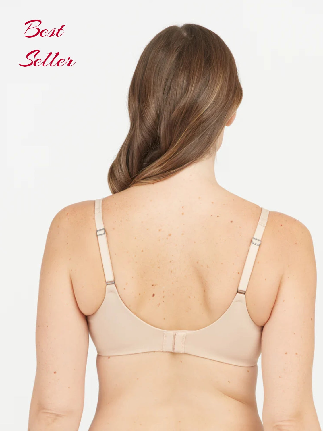 Beiger Minimizer-BH für Damen, Rückansicht, verstellbare Träger, Bestseller.