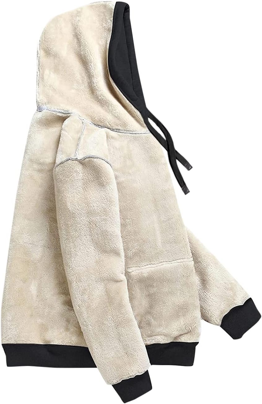 Beige Kapuzenpullover aus Fleece, schwarz gefüttert, Unisex, warm, modisch, Winterkleidung.