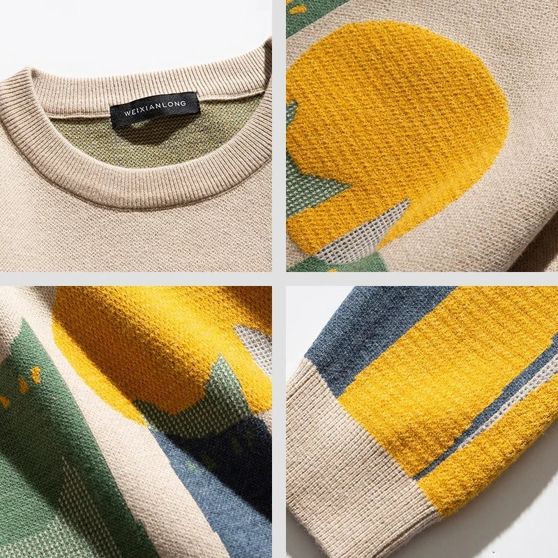 Beiger Harajuku-Pullover mit gelbem Grafikmuster, Baumwolle, Unisex, modisch, Herbstkleidung.