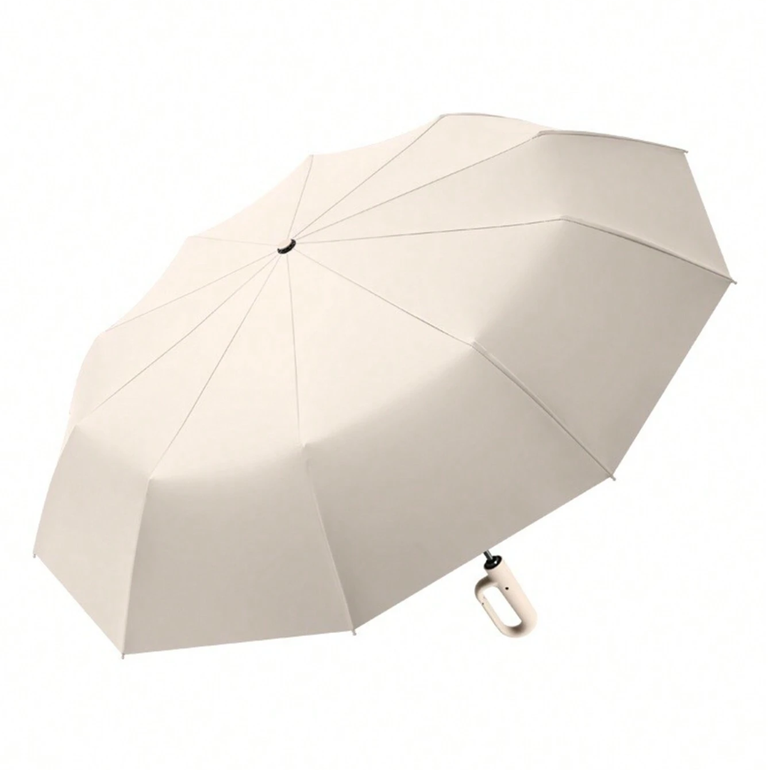 Beiger, faltbarer Regenschirm mit ergonomischem Griff, winddicht, kompakt für Reisen.