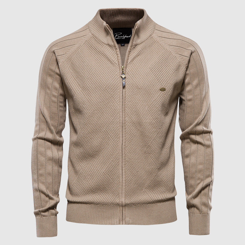 Beiger Herren-Strickpullover mit Reißverschluss, Rautenmuster, Baumwolle, John Wellington.