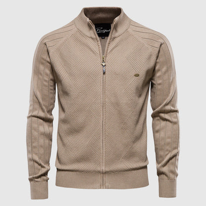 Beiger Herren-Strickpullover mit Reißverschluss, Rautenmuster, Baumwolle, John Wellington.