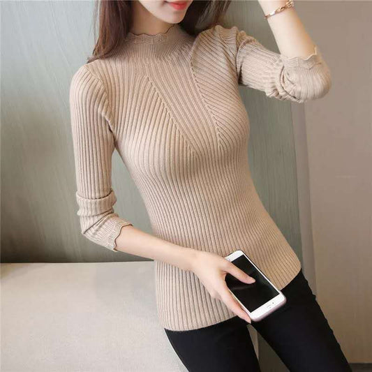 Beiger gerippter Pullover Damen, langärmelig, modisch, elegant, Herbstmode, Strickoberteil.