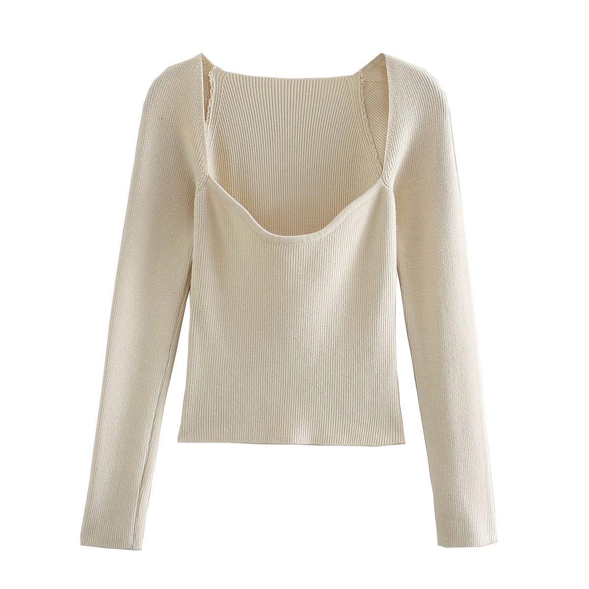 Beiges Damen Slimfit-Top, langärmelig, gerippter Stoff, elegantes Design, modisch.