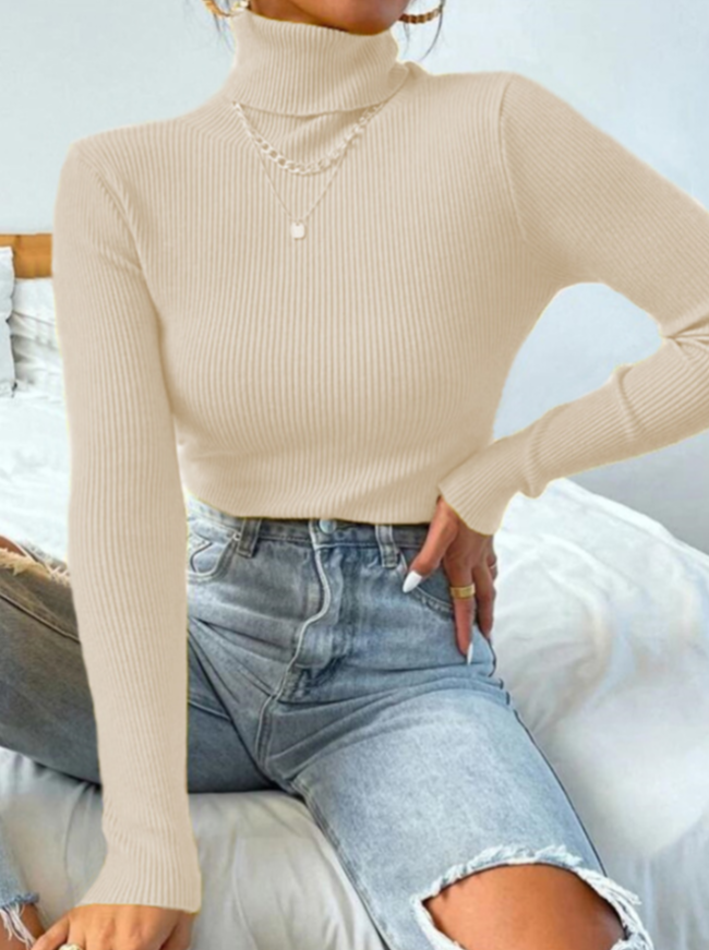 Damen Rollkragenpullover beige, gerippt, langärmelig, modisch, Herbstmode, lässig, elegant.