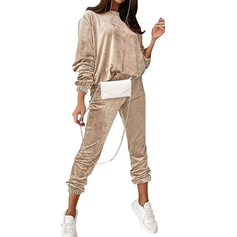 Damen Jogginganzug beige, Samt, lässig, modisch, bequem, Freizeitkleidung, Sportbekleidung.