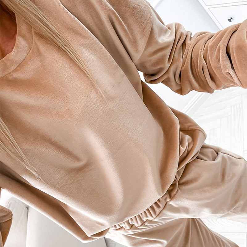 Beiges Samt-Loungewear-Set für Damen, gemütlich, modisch, langärmelig, elastischer Bund.